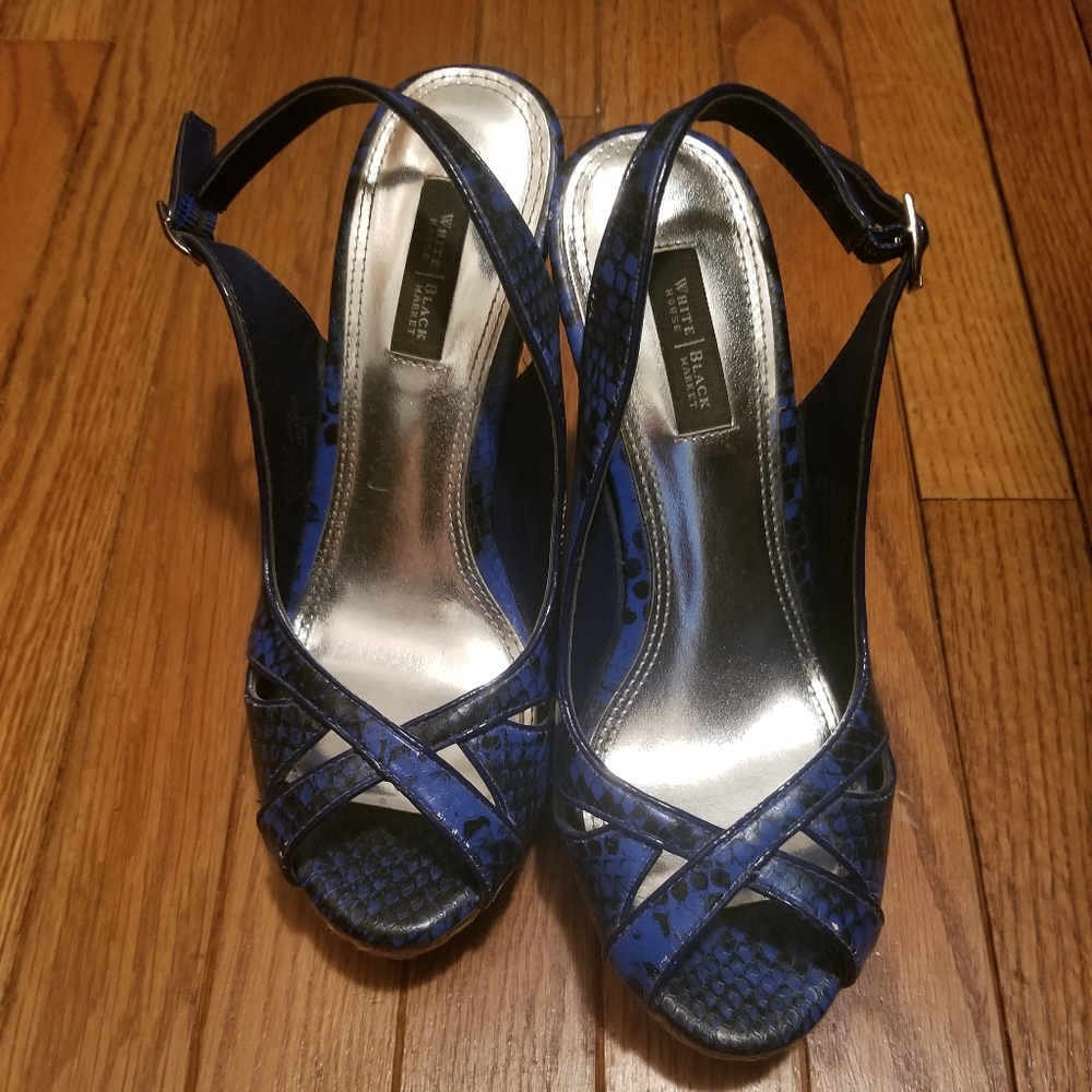Blue snakeskin wedges